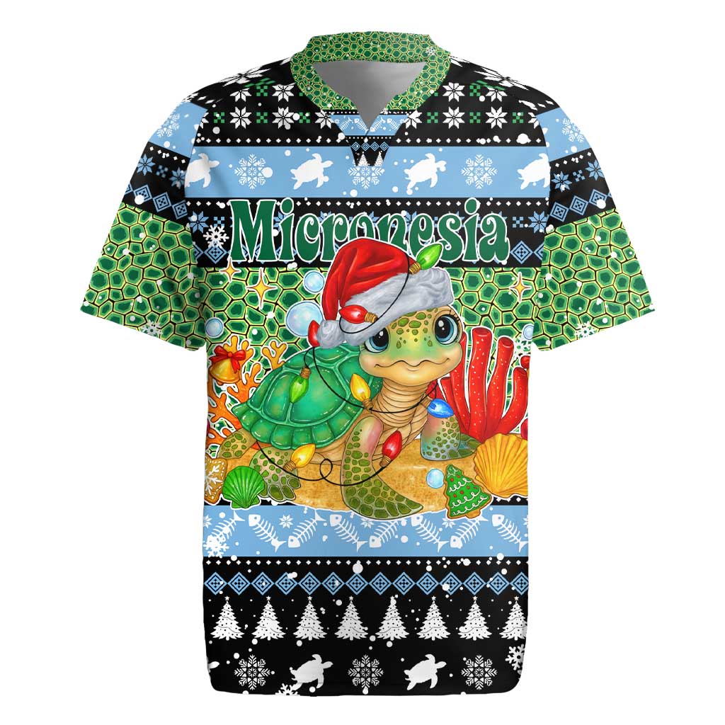 Micronesia Christmas Rugby Jersey with Santa Turtle Coral Reef and Holiday Ocean Pattern TS04 Black Green - Polynesian Pride