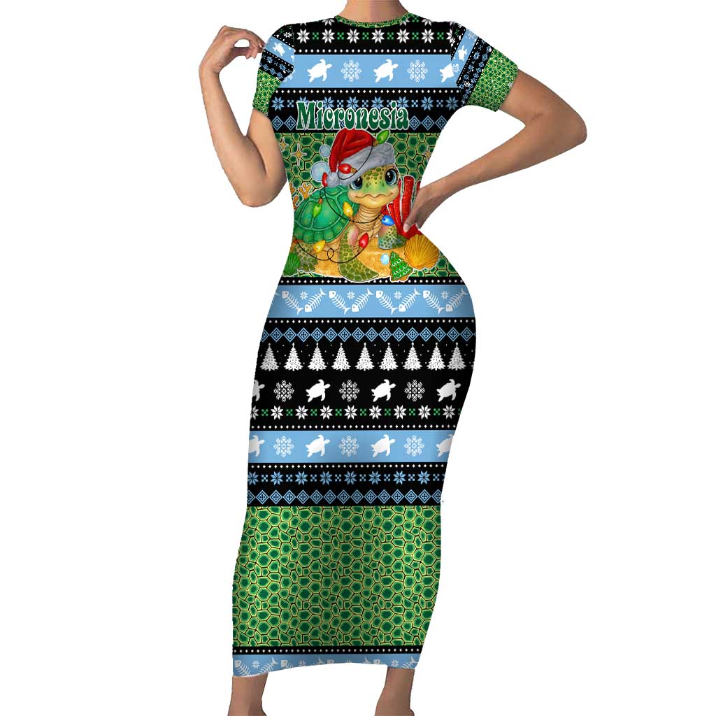 Micronesia Christmas Short Sleeve Bodycon Dress with Santa Turtle Coral Reef and Holiday Ocean Pattern TS04 Long Dress Black Green - Polynesian Pride