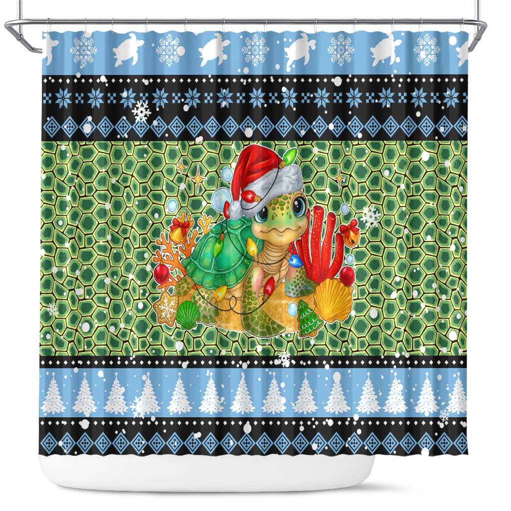 Micronesia Christmas Shower Curtain with Santa Turtle Coral Reef and Holiday Ocean Pattern TS04 Black Green - Polynesian Pride