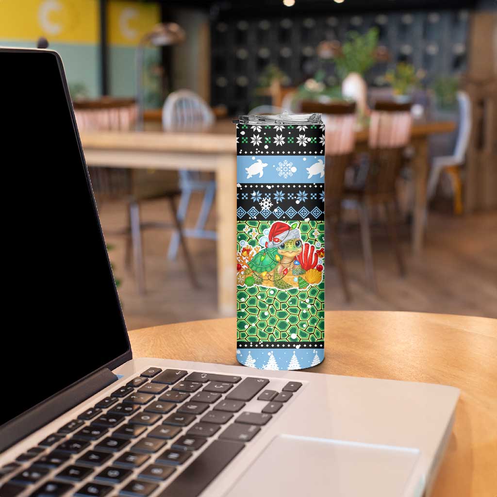 Micronesia Christmas Skinny Tumbler with Santa Turtle Coral Reef and Holiday Ocean Pattern - Polynesian Pride