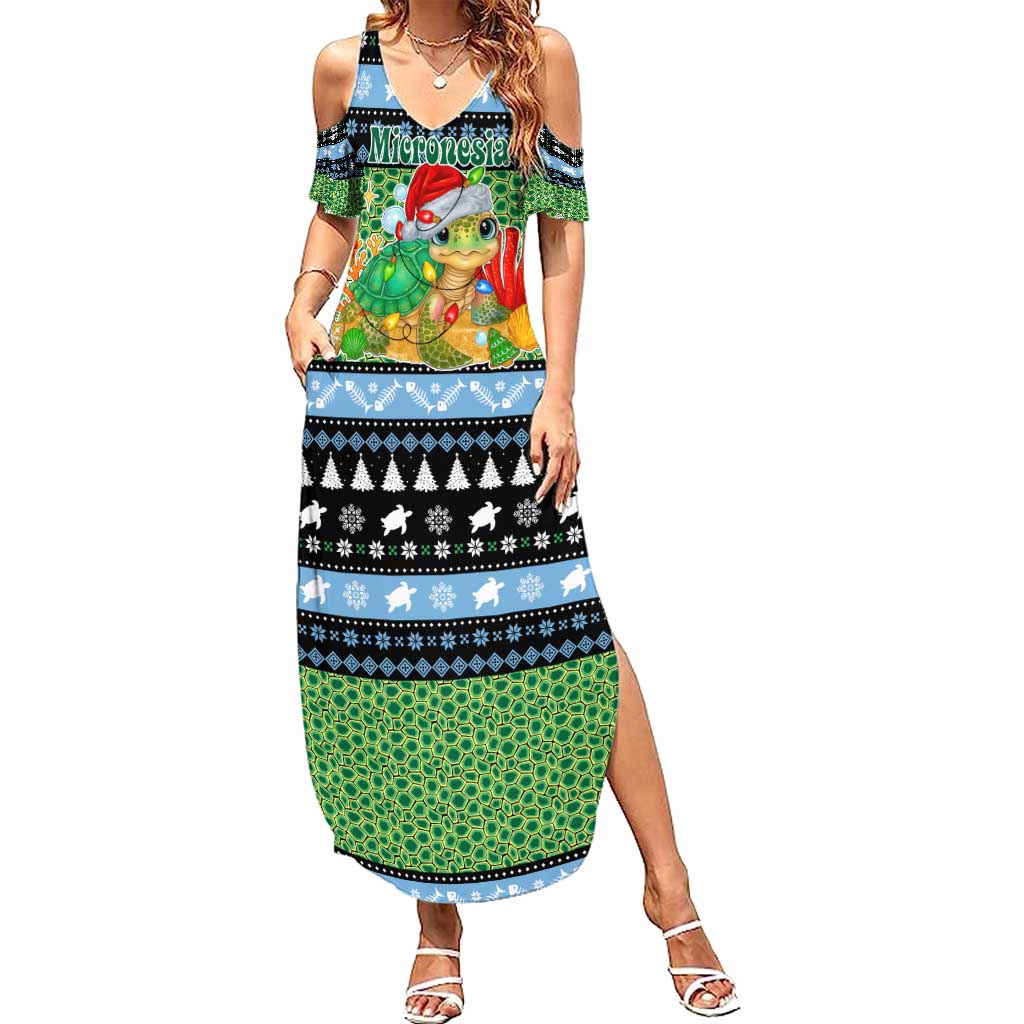 Micronesia Christmas Summer Maxi Dress with Santa Turtle Coral Reef and Holiday Ocean Pattern TS04 Women Black Green - Polynesian Pride
