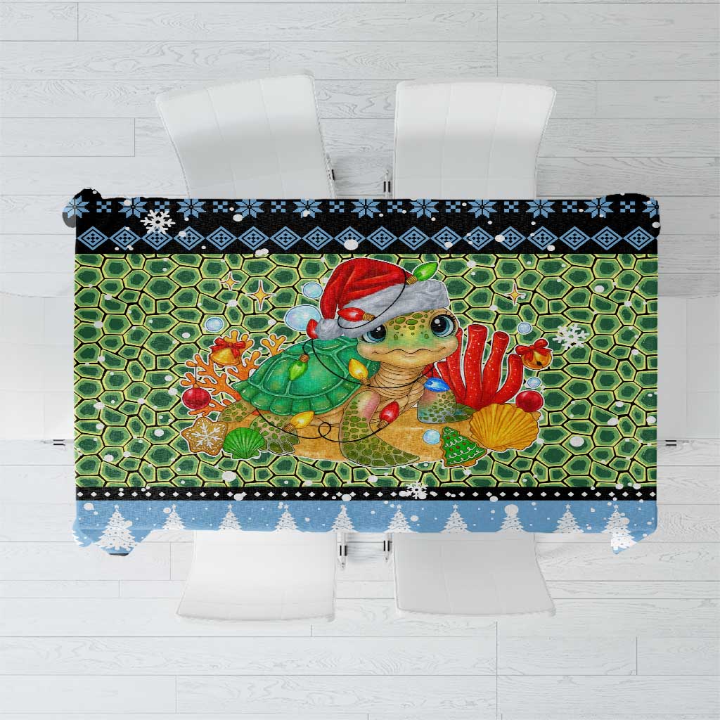 Micronesia Christmas Tablecloth with Santa Turtle Coral Reef and Holiday Ocean Pattern TS04 Black Green - Polynesian Pride
