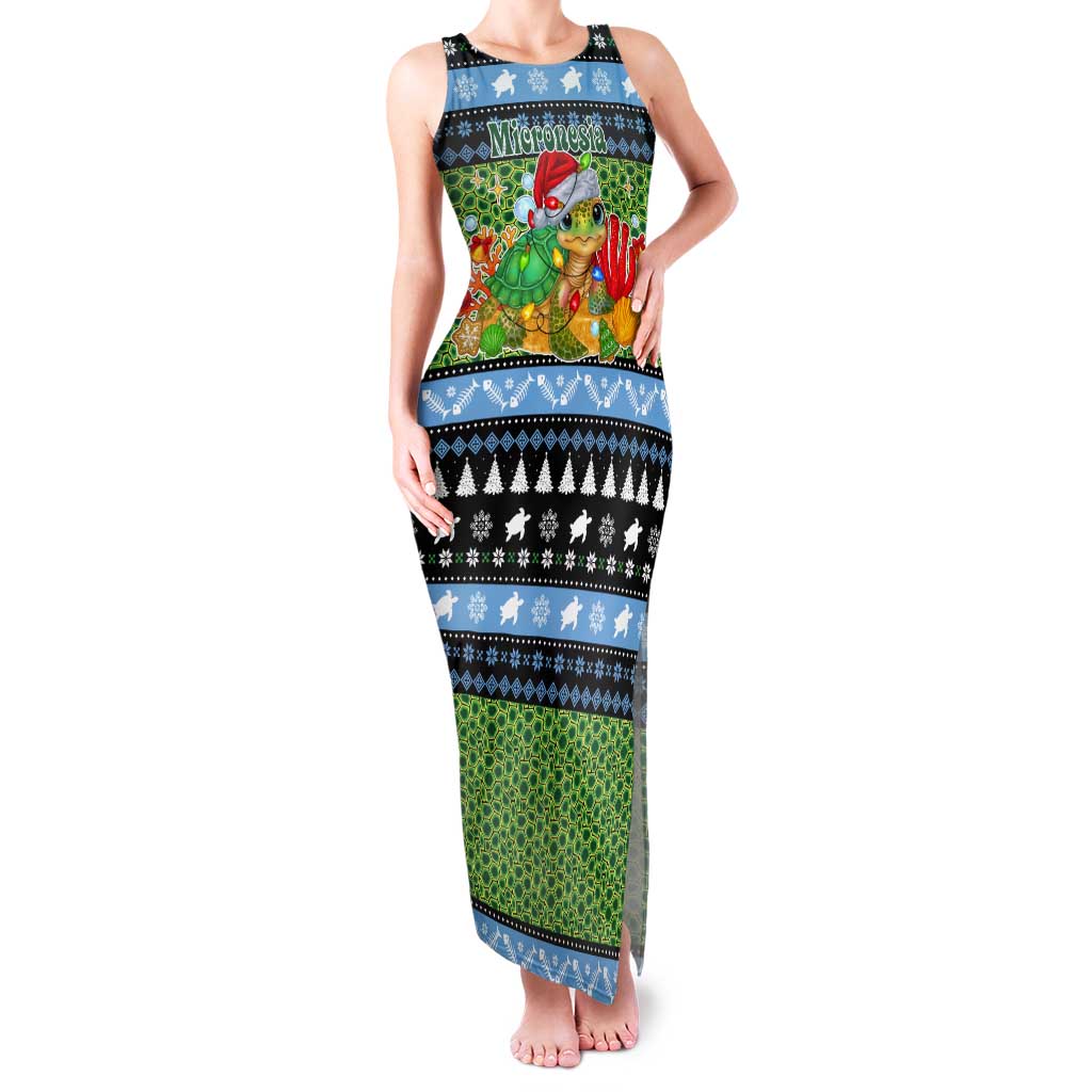 Micronesia Christmas Tank Maxi Dress with Santa Turtle Coral Reef and Holiday Ocean Pattern TS04 Women Black Green - Polynesian Pride