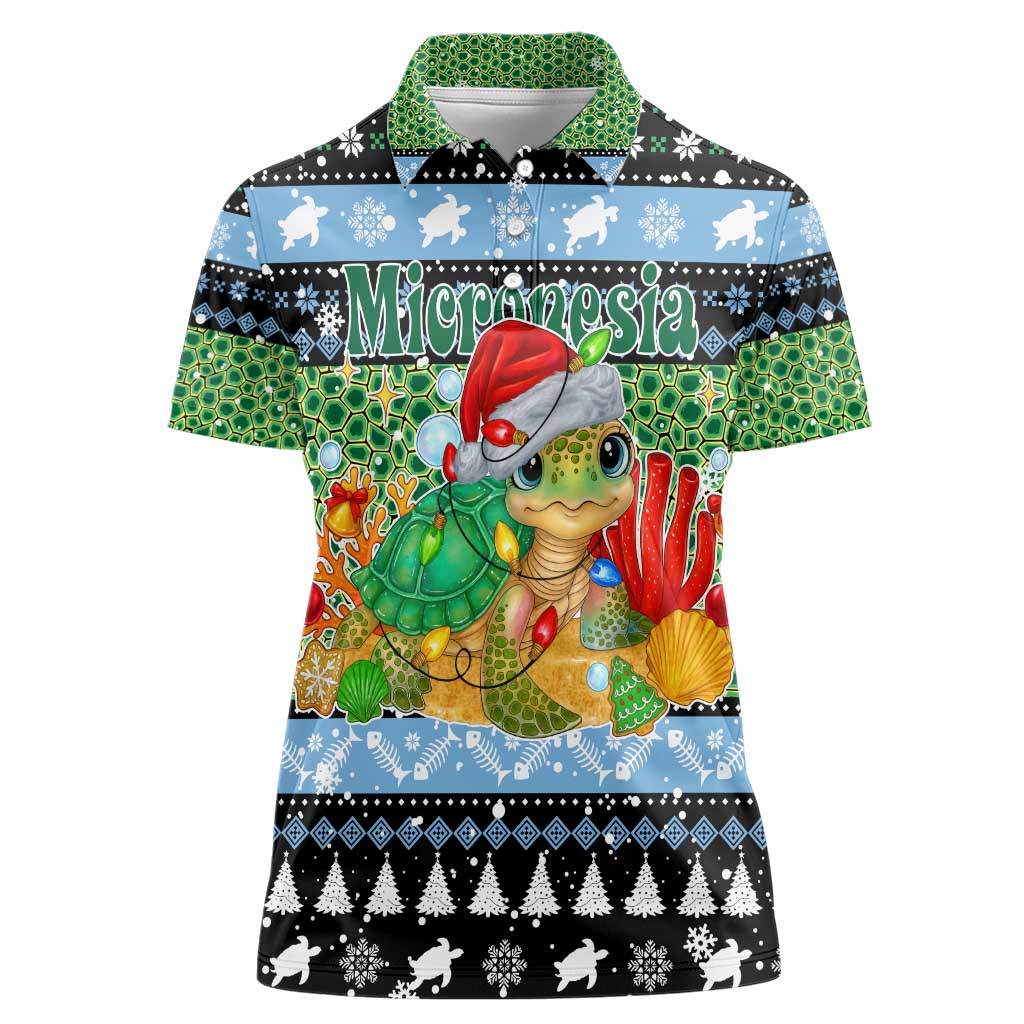 Micronesia Christmas Women Polo Shirt with Santa Turtle Coral Reef and Holiday Ocean Pattern TS04 Female Black Green - Polynesian Pride