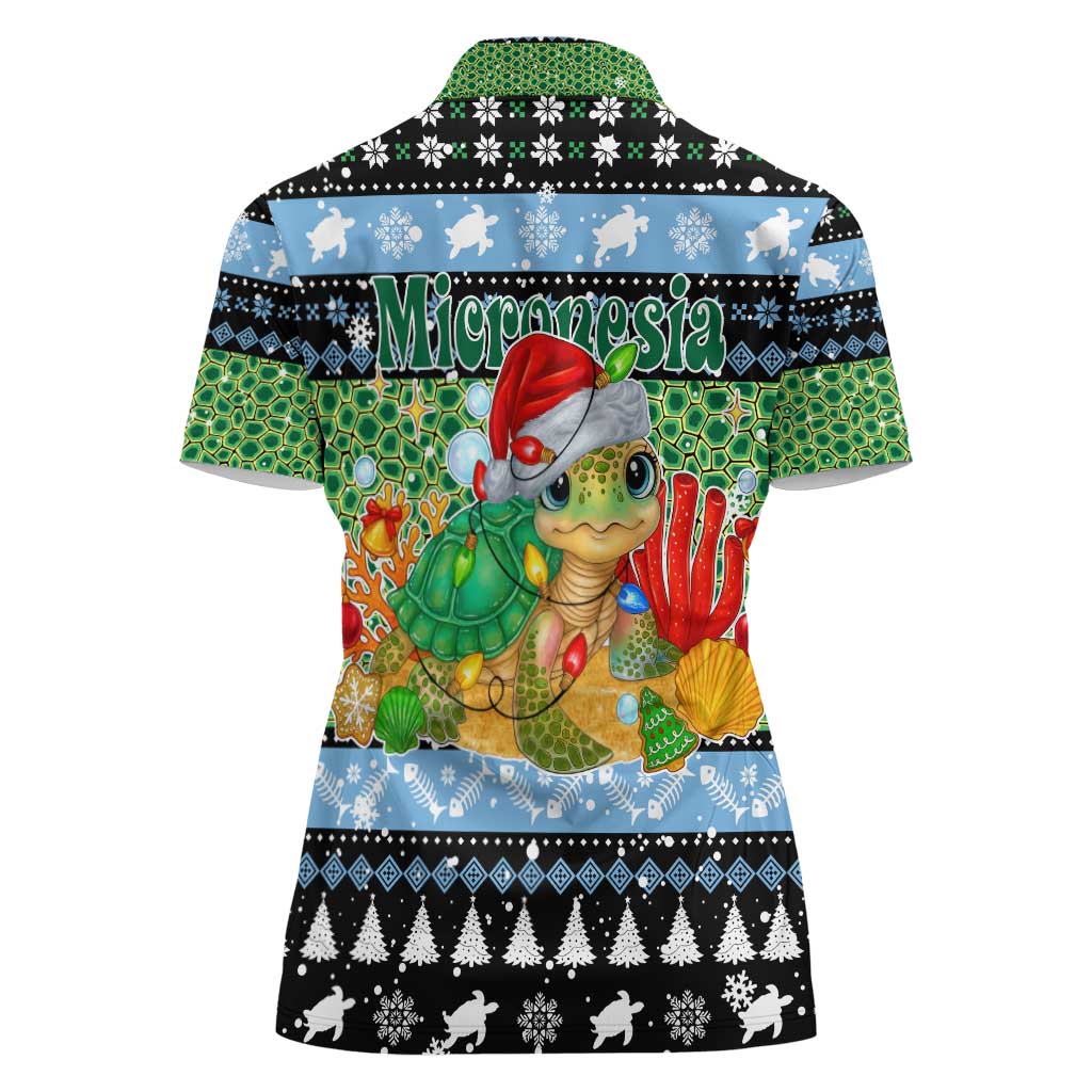 Micronesia Christmas Women Polo Shirt with Santa Turtle Coral Reef and Holiday Ocean Pattern - Polynesian Pride