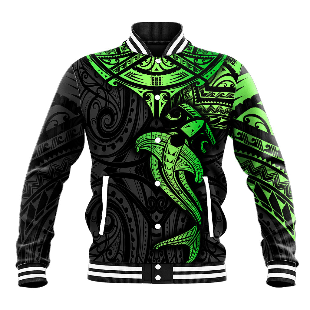 Polynesian Baseball Jacket Hammerhead Shark Tribal Pattern Black Green Version TS04 Unisex Black/Green - Polynesian Pride