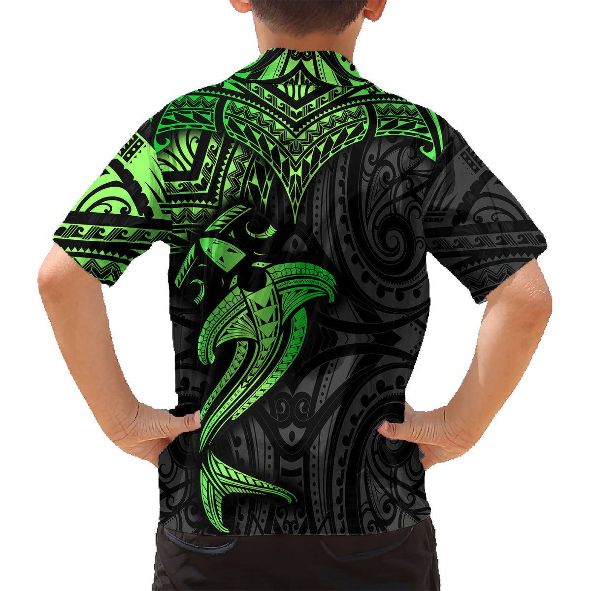 Polynesian Family Matching Short Sleeve Bodycon Dress and Hawaiian Shirt Hammerhead Shark Tribal Pattern Black Green Version TS04 - Polynesian Pride