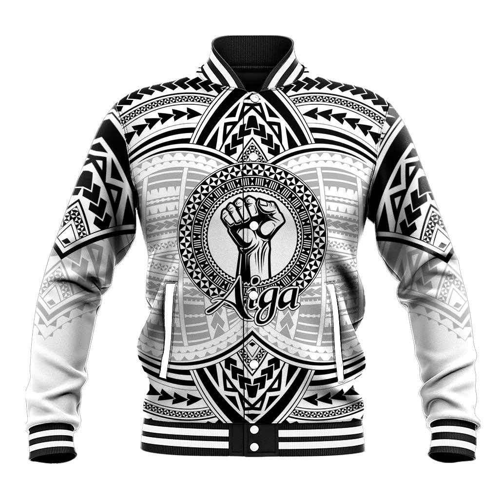 Aiga Samoa Raised Fist Baseball Jacket Polynesian Tribal Tattoo Art Family Pride TS04 Unisex White Black - Polynesian Pride