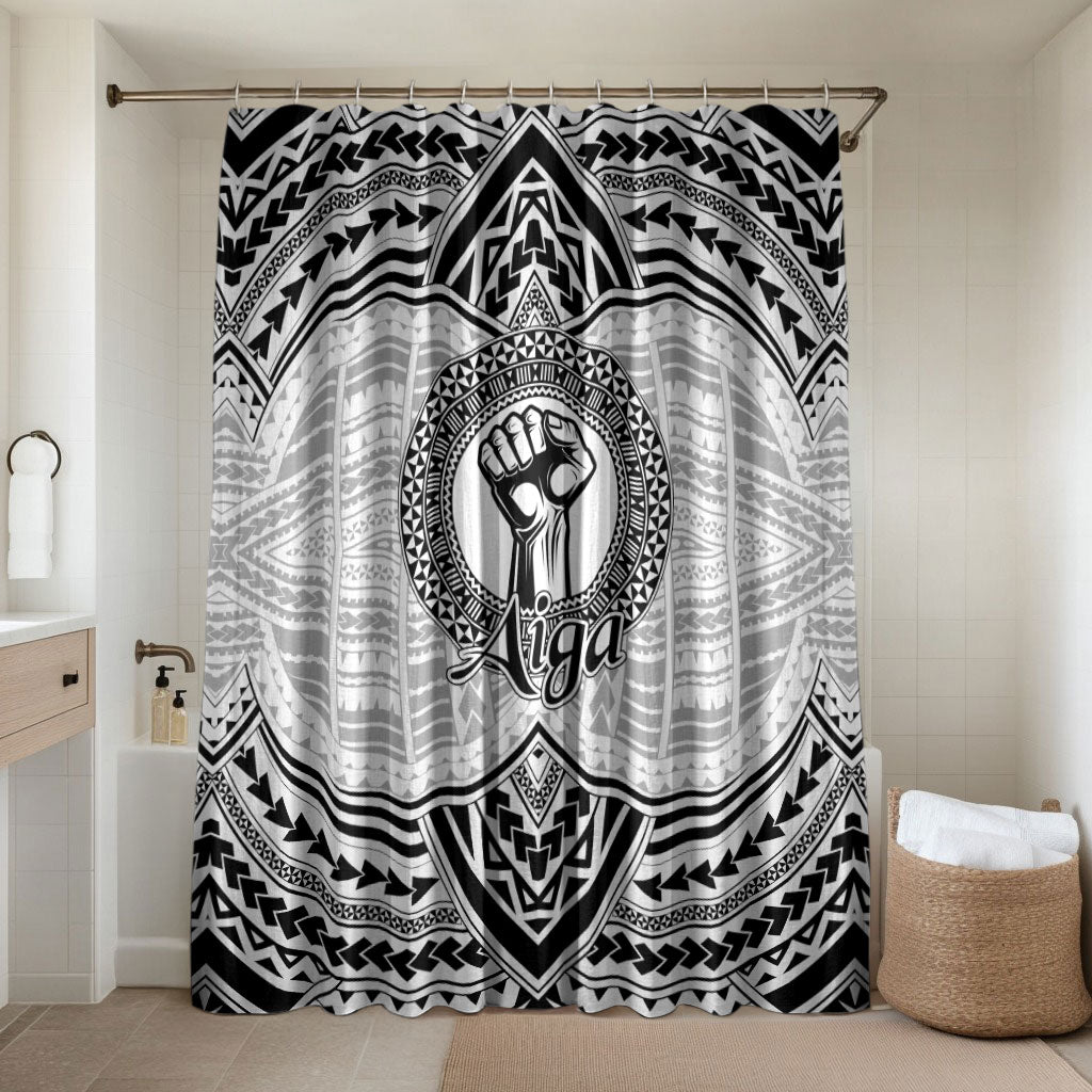 Aiga Samoa Raised Fist Bathroom Set Polynesian Tribal Tattoo Art Family Pride TS04 Shower Curtain Only White Black - Polynesian Pride