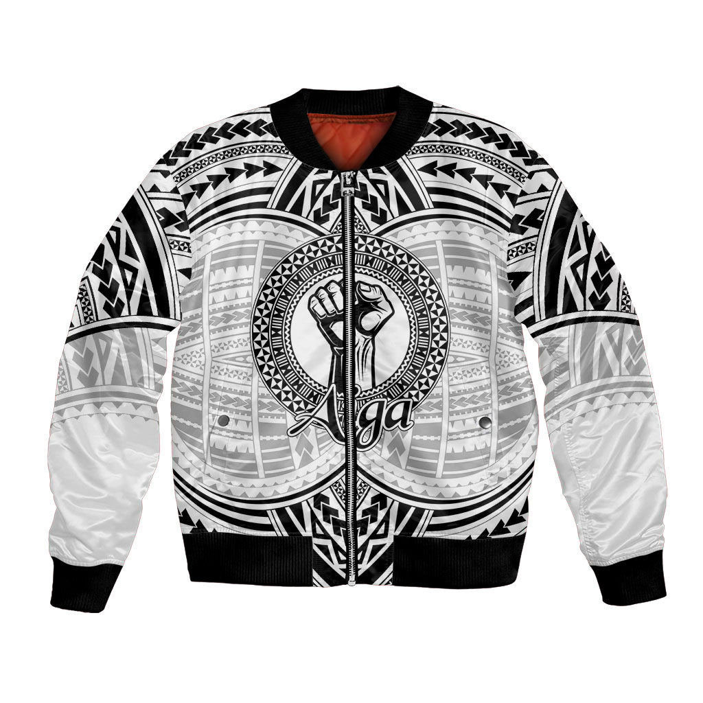 Aiga Samoa Raised Fist Bomber Jacket Polynesian Tribal Tattoo Art Family Pride TS04 Unisex White Black - Polynesian Pride