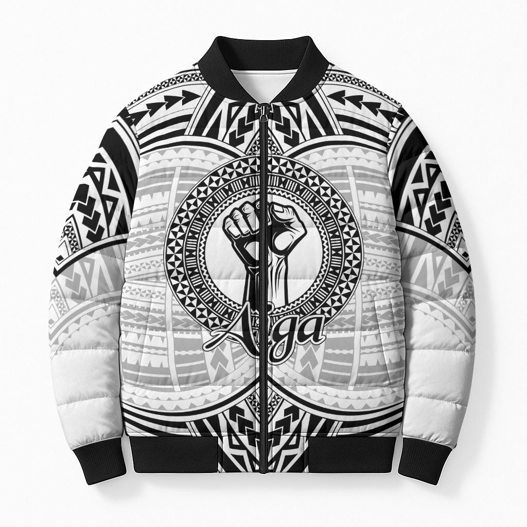 Aiga Samoa Raised Fist Bomber Puffer Jacket Polynesian Tribal Tattoo Art Family Pride TS04 Unisex White Black - Polynesian Pride