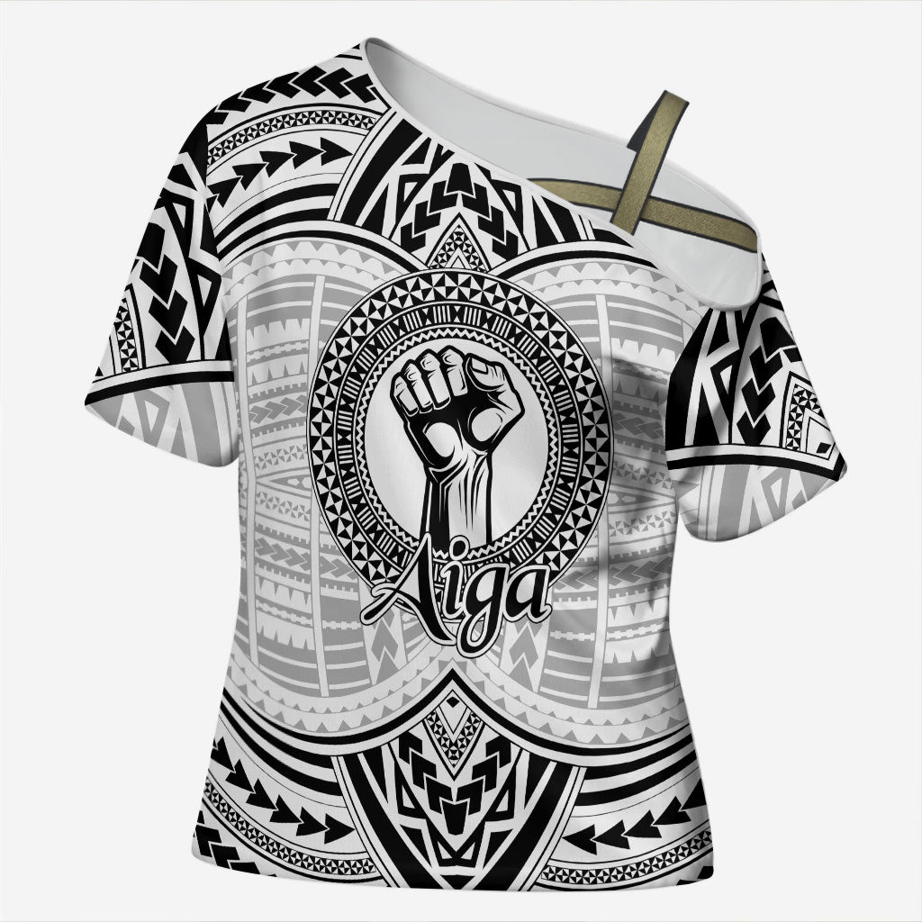 Aiga Samoa Raised Fist Cross Shoulder Shirt Polynesian Tribal Tattoo Art Family Pride