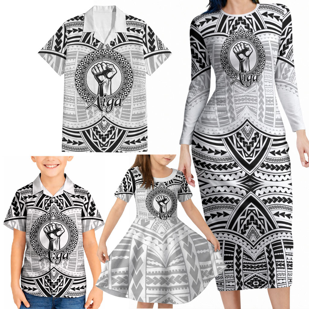 Aiga Samoa Raised Fist Family Matching Long Sleeve Bodycon Dress and Hawaiian Shirt Polynesian Tribal Tattoo Art Family Pride