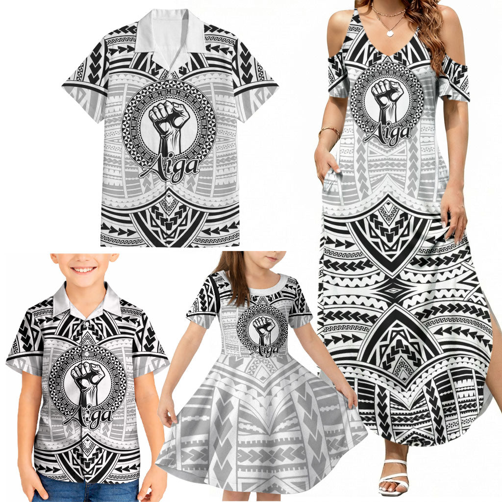 Aiga Samoa Raised Fist Family Matching Summer Maxi Dress and Hawaiian Shirt Polynesian Tribal Tattoo Art Family Pride