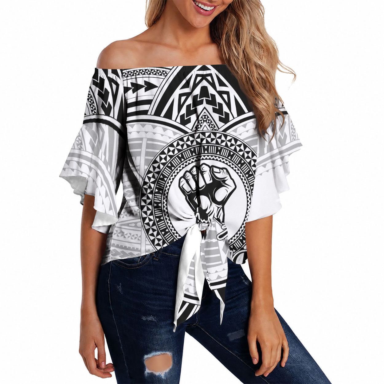 Aiga Samoa Raised Fist Off Shoulder Wrap Waist Top Polynesian Tribal Tattoo Art Family Pride