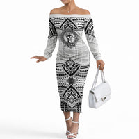 Aiga Samoa Raised Fist Off The Shoulder Long Sleeve Dress Polynesian Tribal Tattoo Art Family Pride TS04 Women White Black - Polynesian Pride