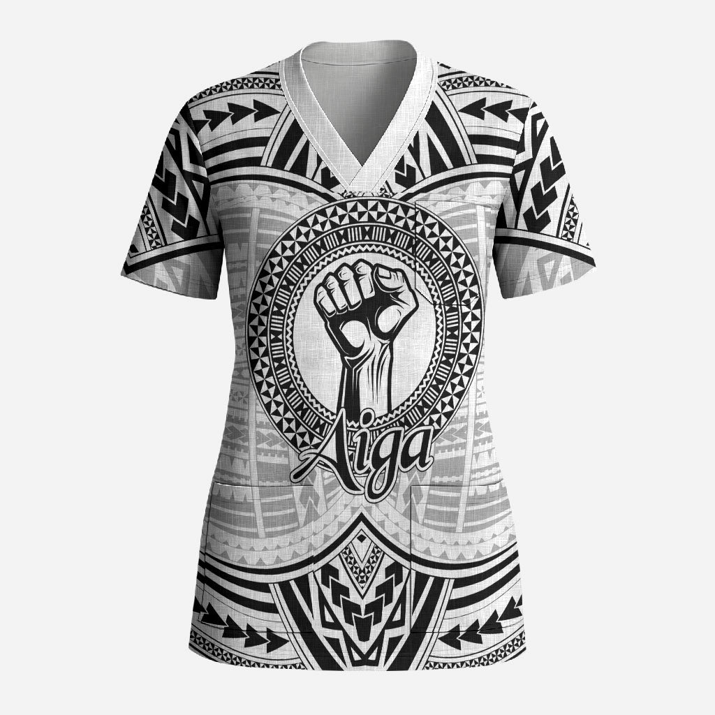 Aiga Samoa Raised Fist Scrub Top Polynesian Tribal Tattoo Art Family Pride TS04 Adult White Black - Polynesian Pride