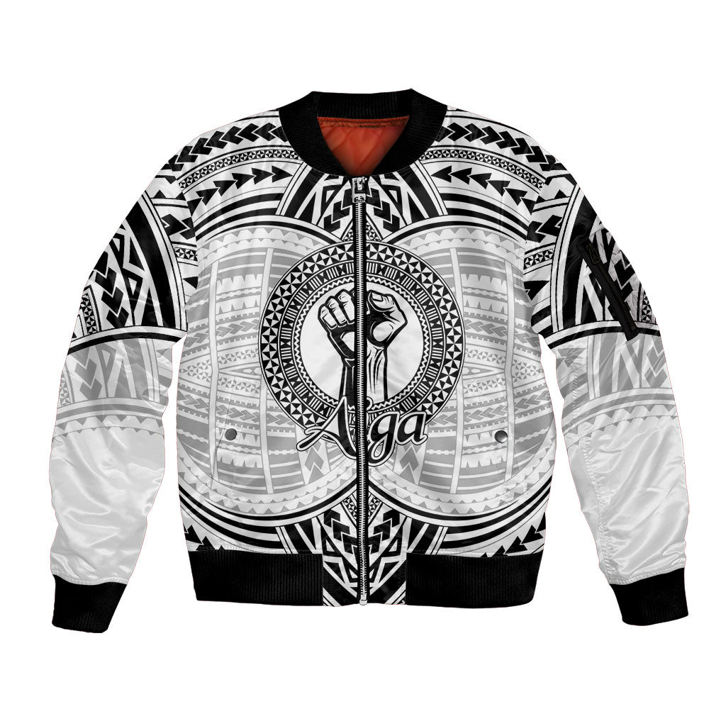 Aiga Samoa Raised Fist Sleeve Zip Bomber Jacket Polynesian Tribal Tattoo Art Family Pride TS04 Unisex White Black - Polynesian Pride