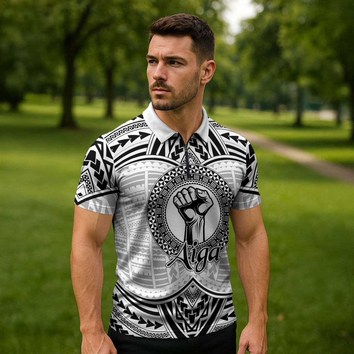 Aiga Samoa Raised Fist Zipper Polo Shirt Polynesian Tribal Tattoo Art Family Pride TS04 - Polynesian Pride