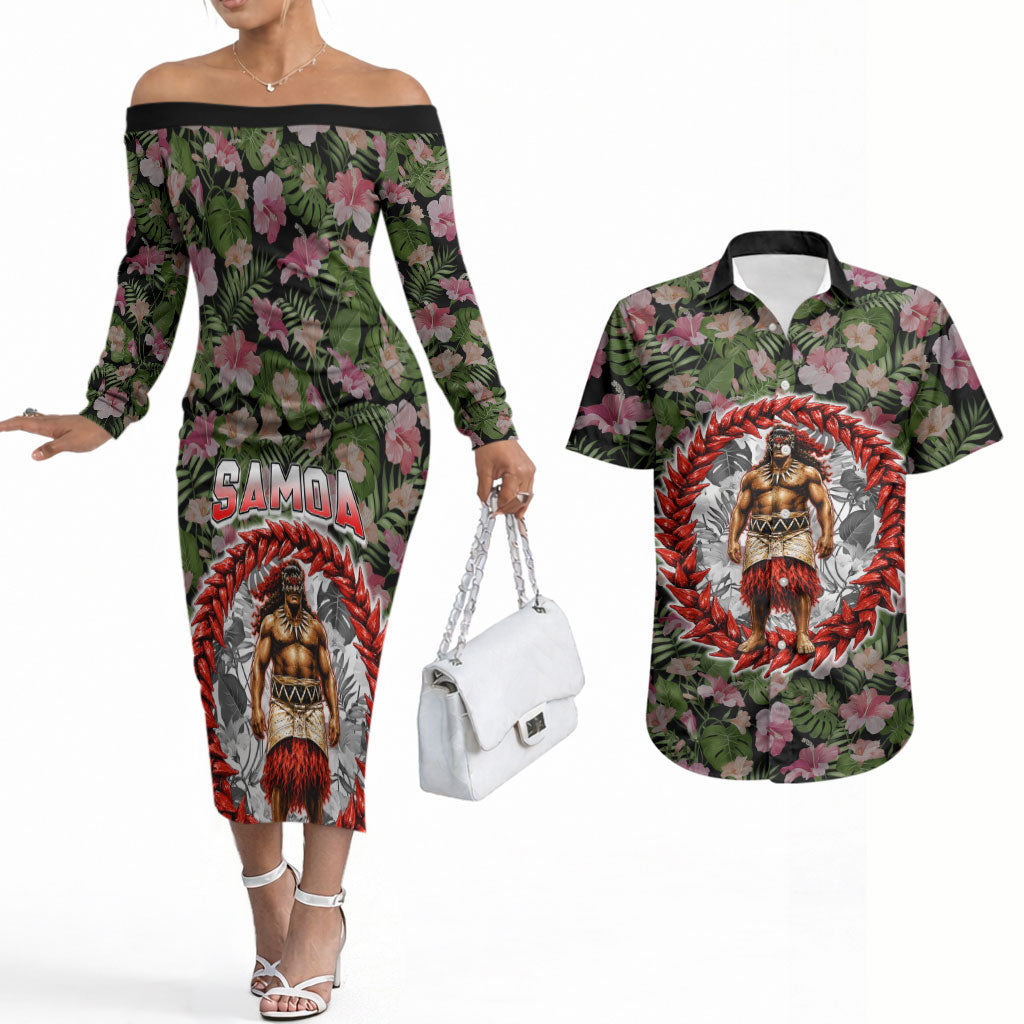 Samoa Aiga Polynesian Couples Matching Off The Shoulder Long Sleeve Dress and Hawaiian Shirt Tropical Floral Hibiscus Pattern Island Heritage