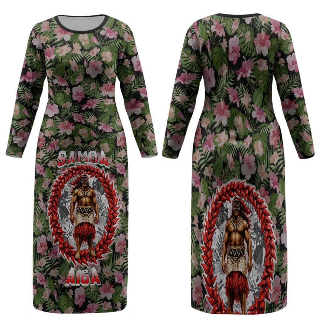 Samoa Aiga Polynesian Family Matching Long Sleeve Bodycon Dress and Hawaiian Shirt Tropical Floral Hibiscus Pattern Island Heritage TS04 Mom's Dress Green Red - Polynesian Pride