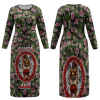 Samoa Aiga Polynesian Family Matching Long Sleeve Bodycon Dress and Hawaiian Shirt Tropical Floral Hibiscus Pattern Island Heritage TS04 Mom's Dress Green Red - Polynesian Pride