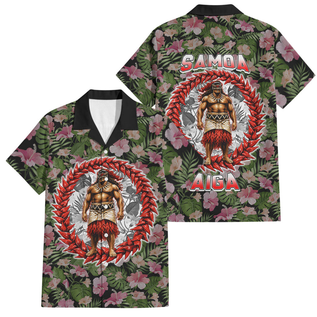 Samoa Aiga Polynesian Family Matching Mermaid Dress and Hawaiian Shirt Tropical Floral Hibiscus Pattern Island Heritage TS04 Dad's Shirt - Short Sleeve Green Red - Polynesian Pride