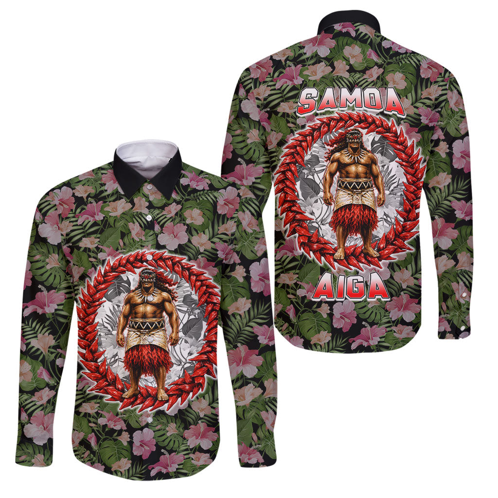 Samoa Aiga Polynesian Family Matching Mermaid Dress and Hawaiian Shirt Tropical Floral Hibiscus Pattern Island Heritage TS04 Dad's Shirt - Long Sleeve Green Red - Polynesian Pride