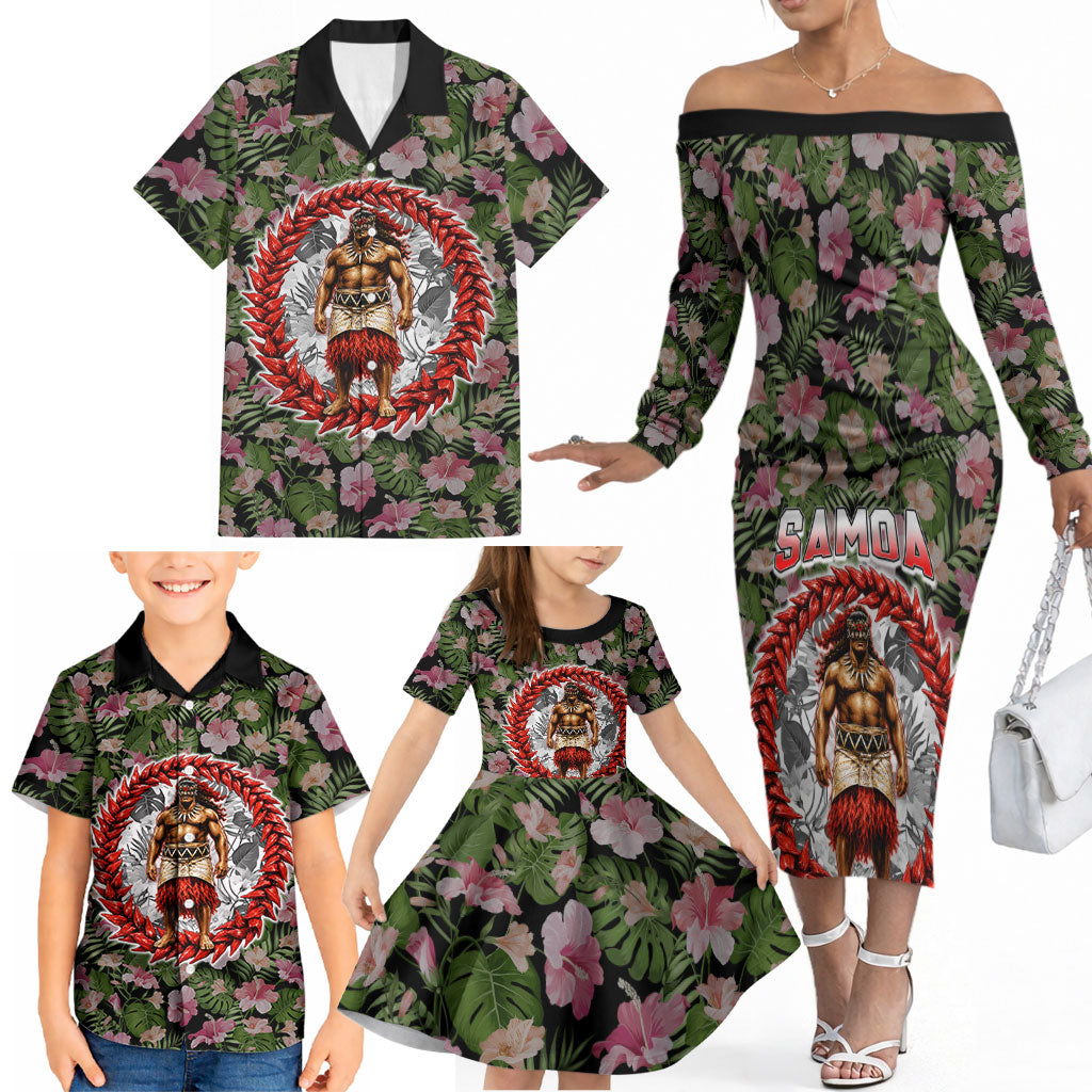 Samoa Aiga Polynesian Family Matching Off The Shoulder Long Sleeve Dress and Hawaiian Shirt Tropical Floral Hibiscus Pattern Island Heritage TS04 - Polynesian Pride