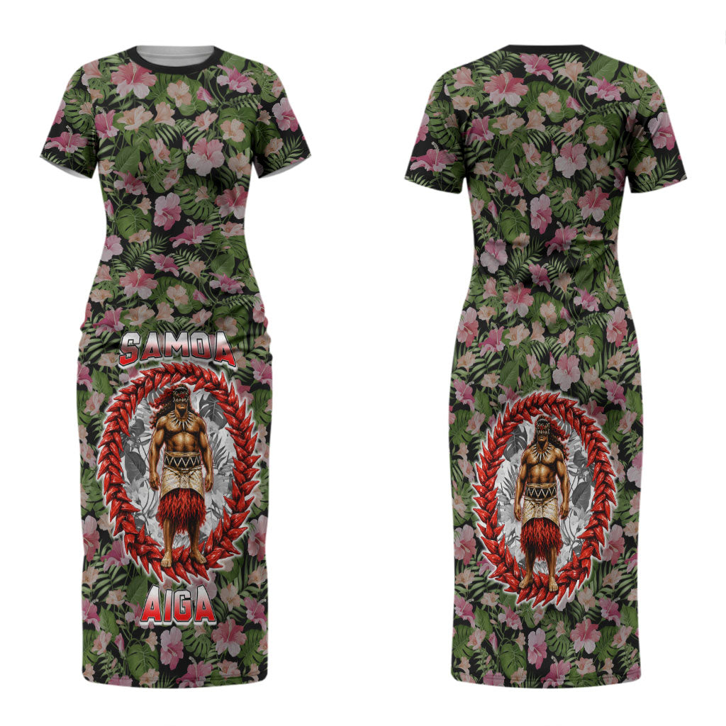 Samoa Aiga Polynesian Family Matching Short Sleeve Bodycon Dress and Hawaiian Shirt Tropical Floral Hibiscus Pattern Island Heritage TS04 Mom's Dress Green Red - Polynesian Pride