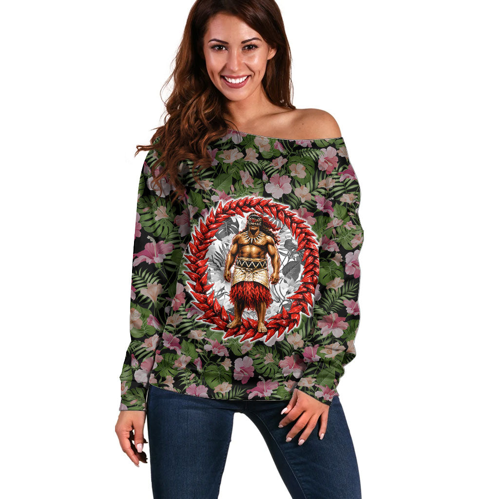 Samoa Aiga Polynesian Off Shoulder Sweater Tropical Floral Hibiscus Pattern Island Heritage TS04 Women Green Red - Polynesian Pride
