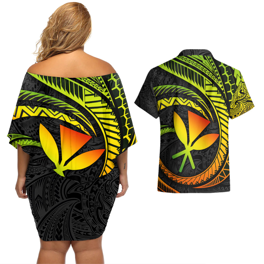 Hawaii Kanaka Maoli Couples Matching Off Shoulder Short Dress and Hawaiian Shirt Polynesian Tornado Infusion Gradient TS04 - Polynesian Pride