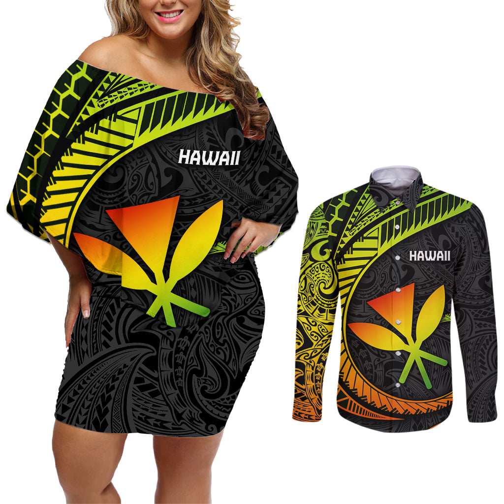 Hawaii Kanaka Maoli Couples Matching Off Shoulder Short Dress and Long Sleeve Button Shirts Polynesian Tornado Infusion Gradient TS04 Gradient - Polynesian Pride