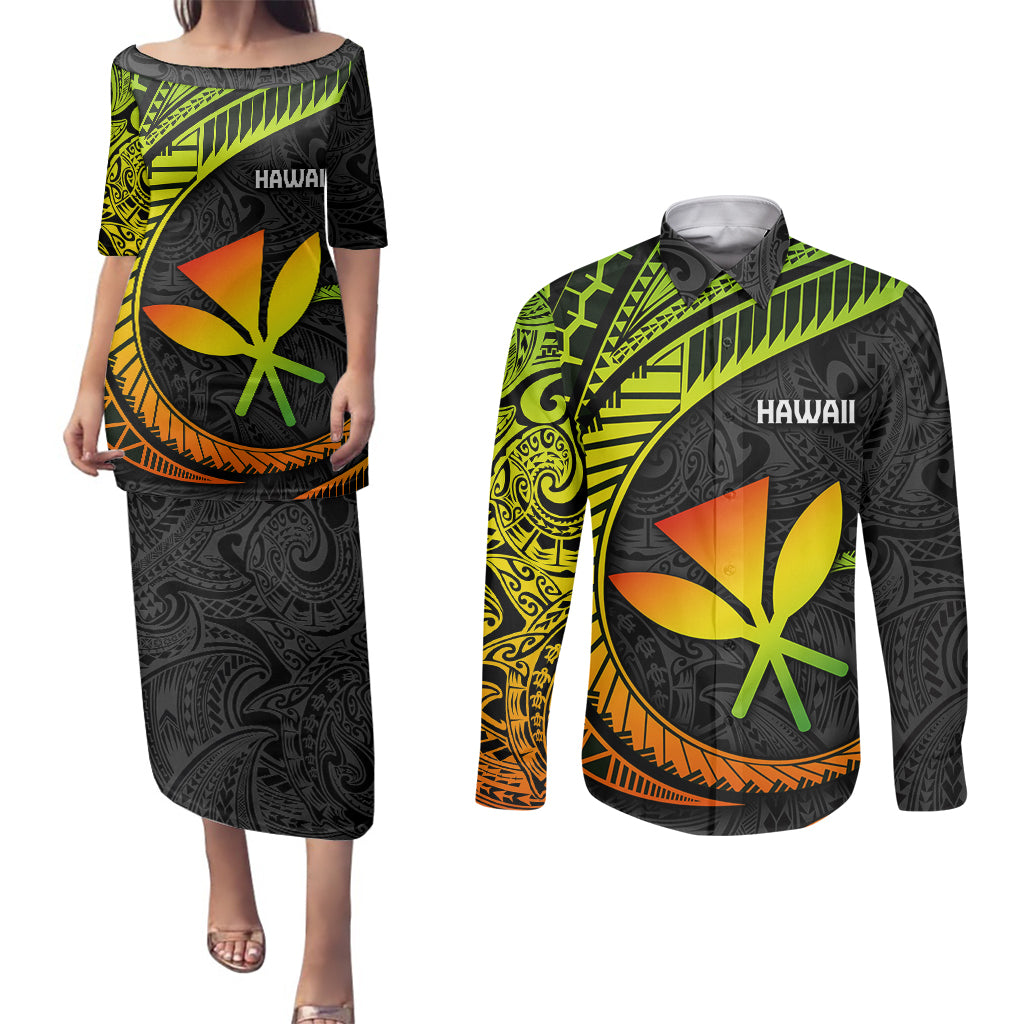 Hawaii Kanaka Maoli Couples Matching Puletasi Dress and Long Sleeve Button Shirts Polynesian Tornado Infusion Gradient TS04 Gradient - Polynesian Pride