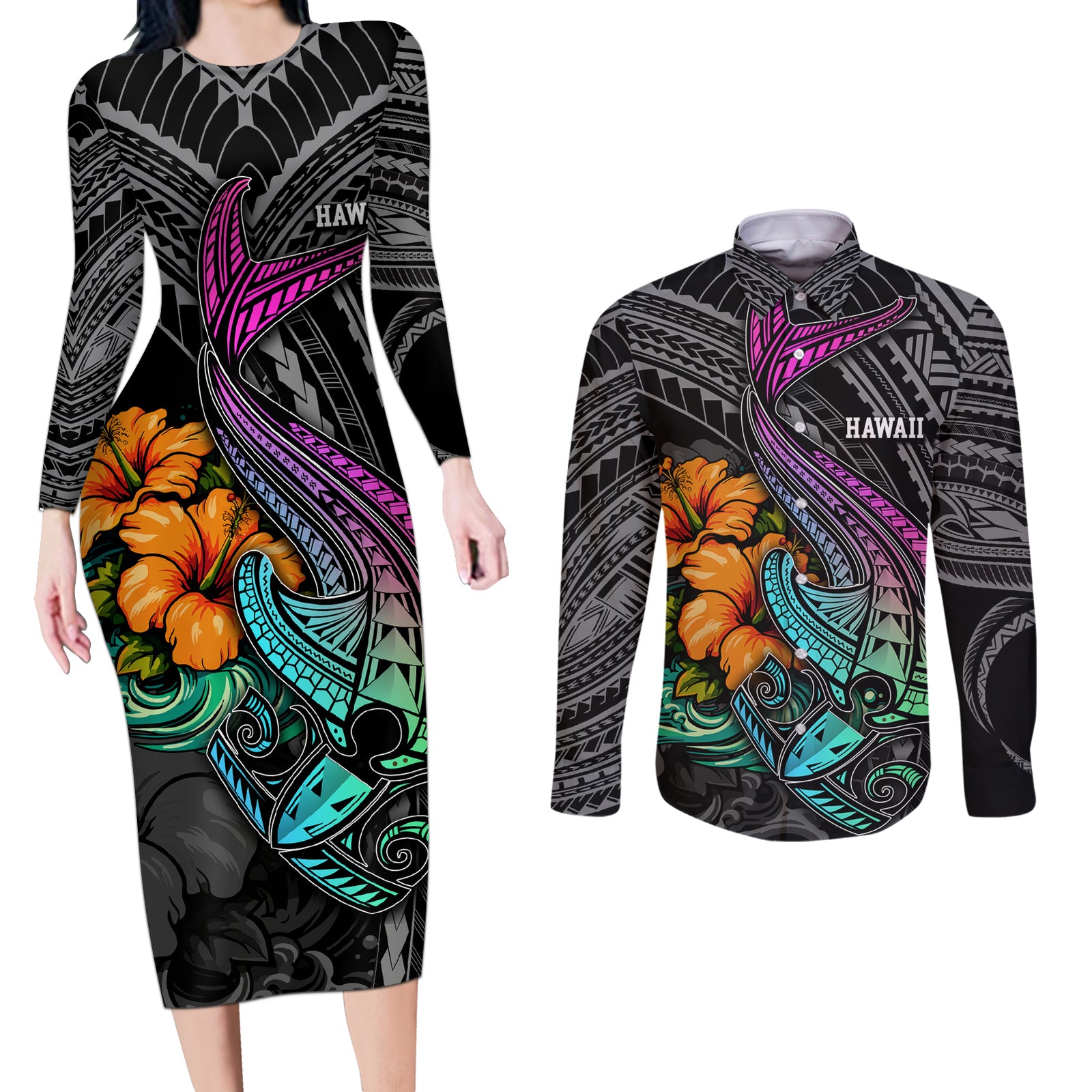 Hawaii Polynesian Couples Matching Long Sleeve Bodycon Dress and Long Sleeve Button Shirt with Tribal Hammerhead Sharks and Hibiscus Black TS04 Black - Polynesian Pride