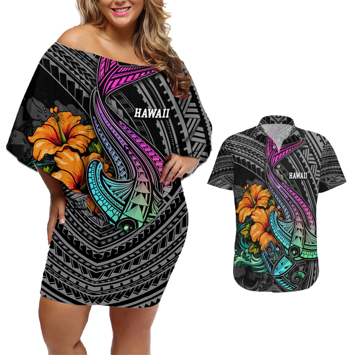 Hawaii Polynesian Couples Matching Off Shoulder Short Dress and Hawaiian Shirt with Tribal Hammerhead Sharks and Hibiscus Black TS04 Black - Polynesian Pride