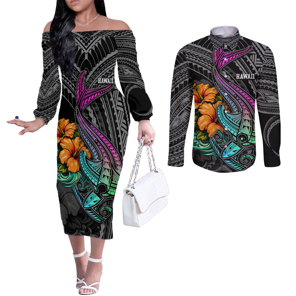 Hawaii Polynesian Couples Matching Off The Shoulder Long Sleeve Dress and Long Sleeve Button Shirt with Tribal Hammerhead Sharks and Hibiscus Black TS04 Black - Polynesian Pride