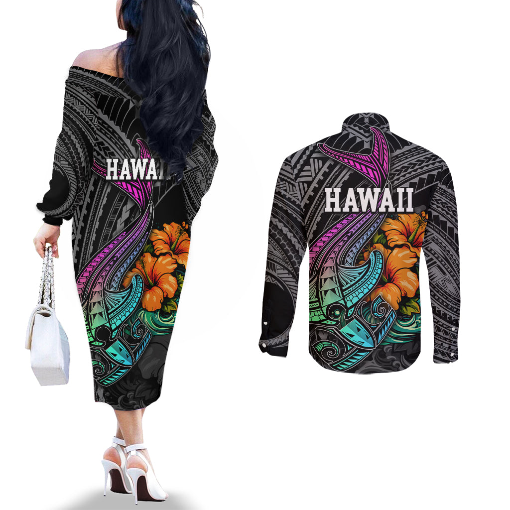 Hawaii Polynesian Couples Matching Off The Shoulder Long Sleeve Dress and Long Sleeve Button Shirt with Tribal Hammerhead Sharks and Hibiscus Black TS04 - Polynesian Pride