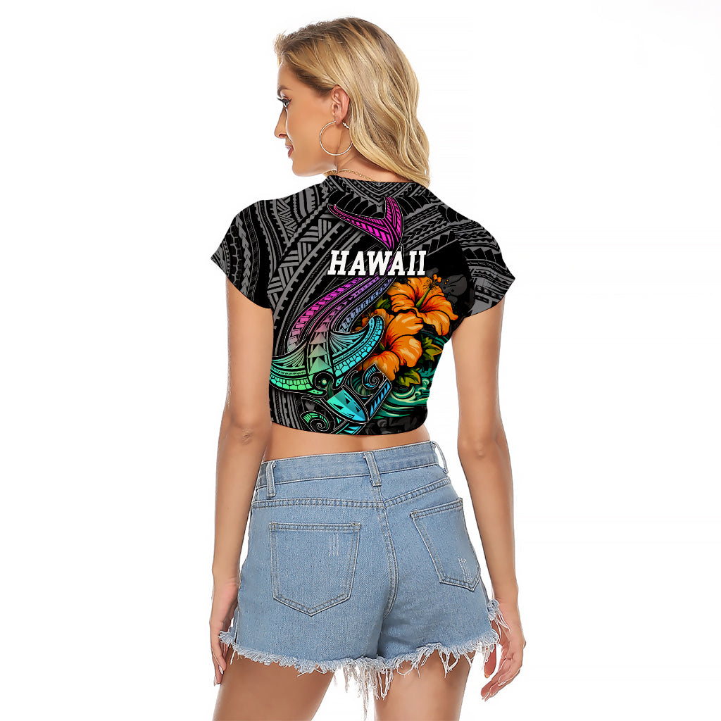 Hawaii Polynesian Raglan Cropped T Shirt with Tribal Hammerhead Sharks and Hibiscus Black TS04 - Polynesian Pride