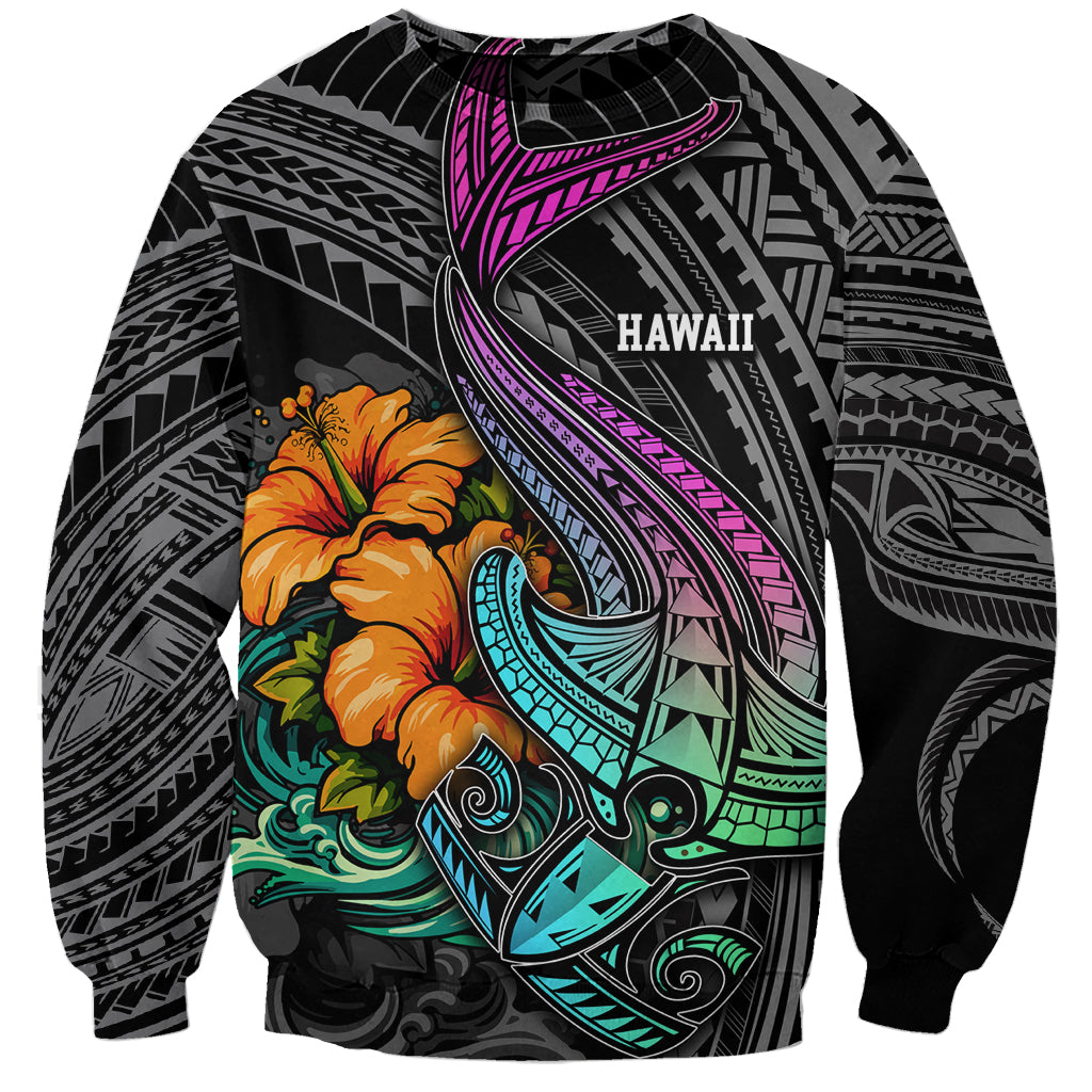 Hawaii Polynesian Sweatshirt with Tribal Hammerhead Sharks and Hibiscus Black TS04 Unisex Black - Polynesian Pride