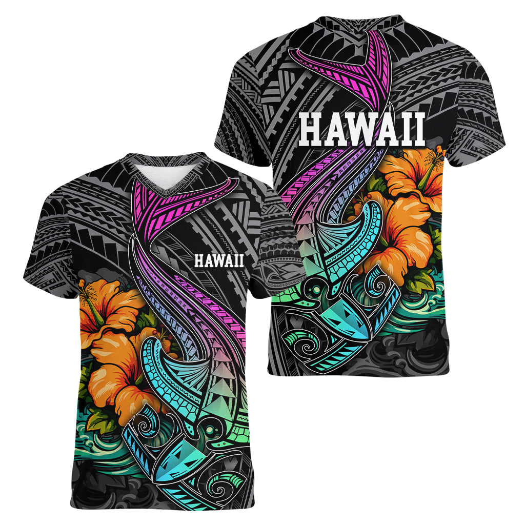 Hawaii Polynesian Women V Neck T Shirt with Tribal Hammerhead Sharks and Hibiscus Black TS04 - Polynesian Pride