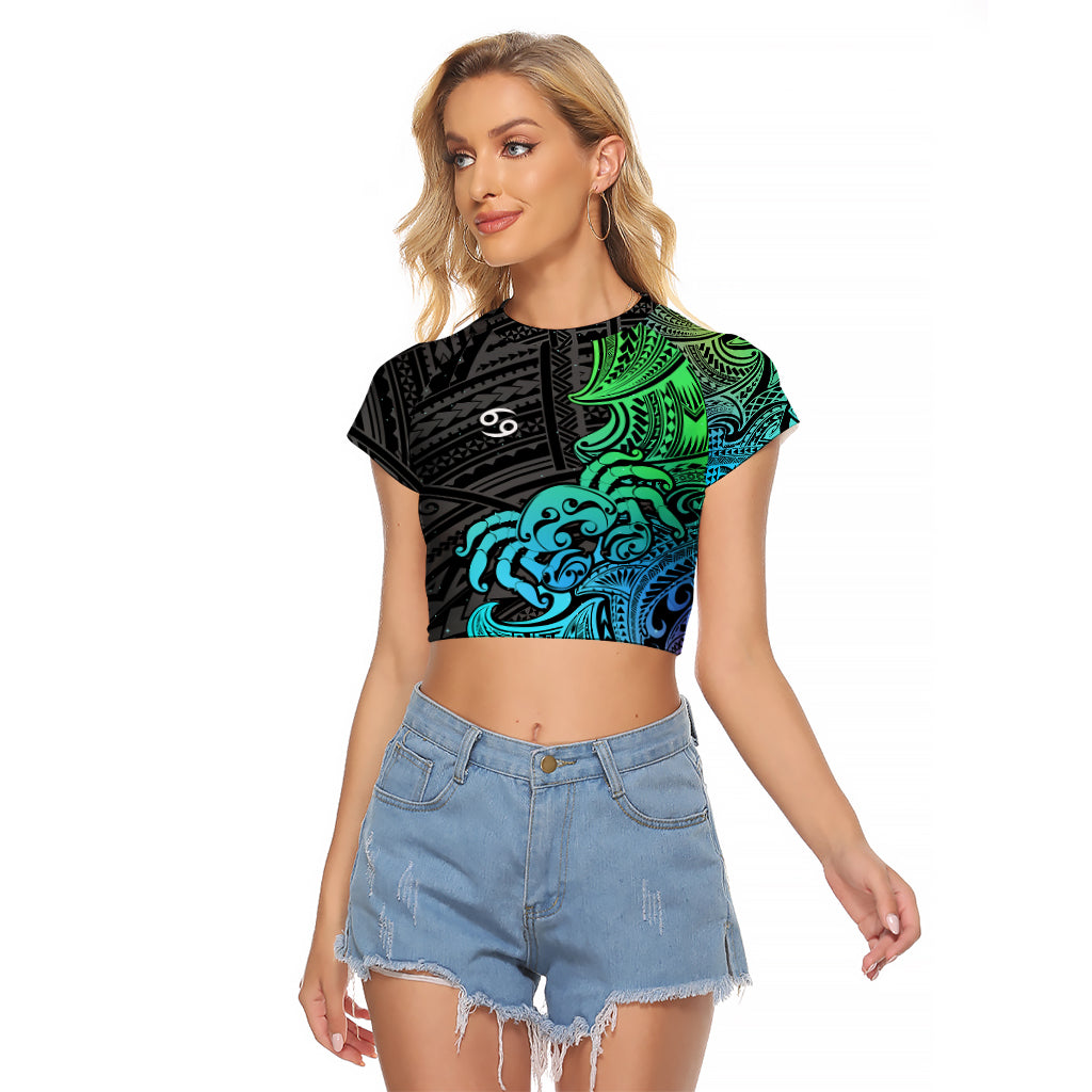 Zodiac Cancer Raglan Cropped T Shirt Polynesian in Gradient Blue TS04 Female Gradient Blue - Polynesian Pride