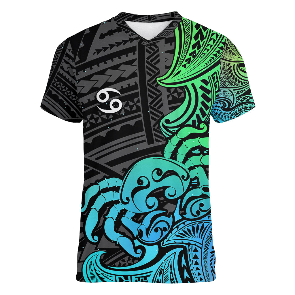 Zodiac Cancer Women V Neck T Shirt Polynesian in Gradient Blue TS04 Female Gradient Blue - Polynesian Pride