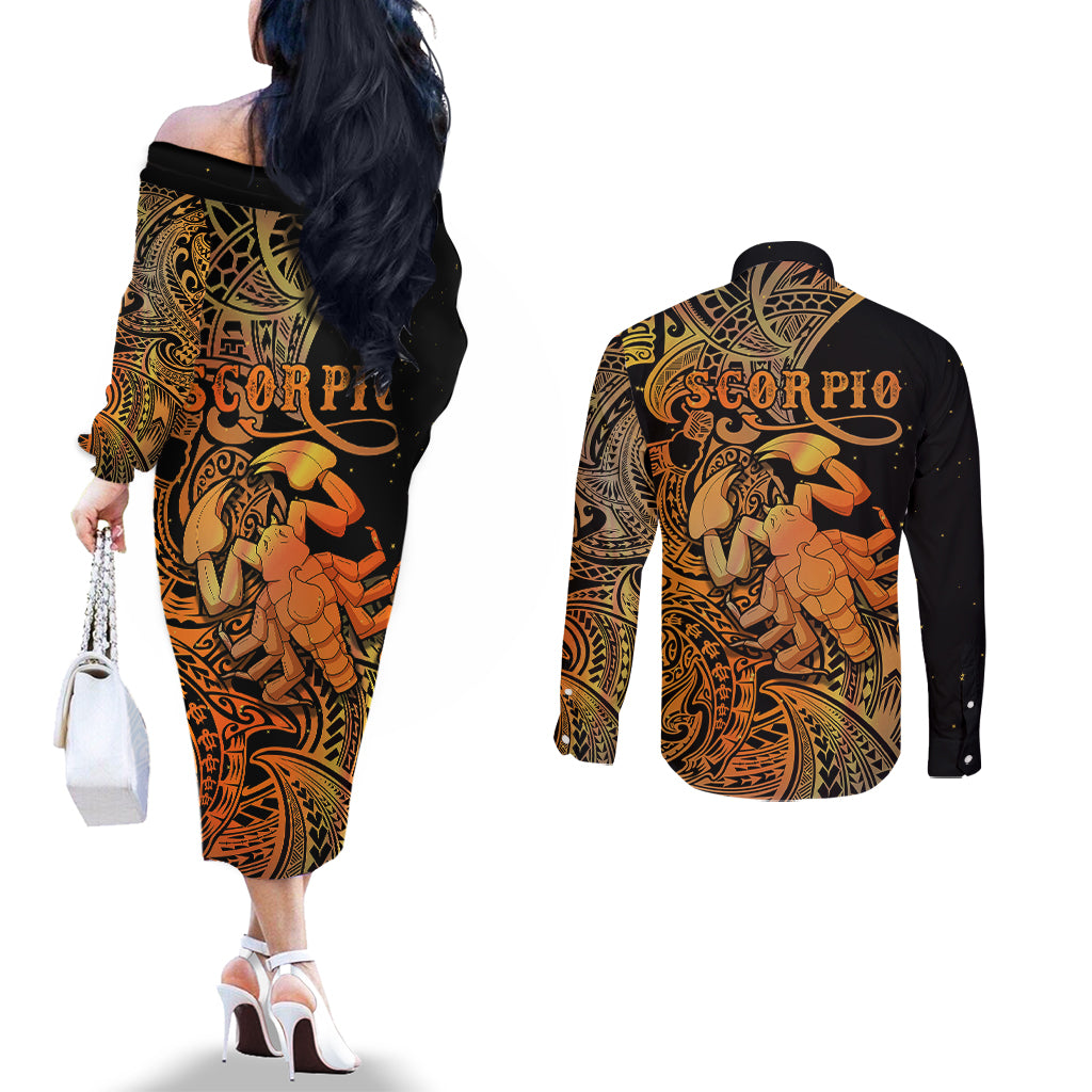 Zodiac Scorpio Couples Matching Off The Shoulder Long Sleeve Dress and Long Sleeve Button Shirts Polynesian in Orange TS04 - Polynesian Pride