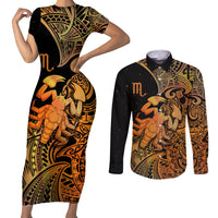 Zodiac Scorpio Couples Matching Short Sleeve Bodycon Dress and Long Sleeve Button Shirts Polynesian in Orange TS04 Orange - Polynesian Pride