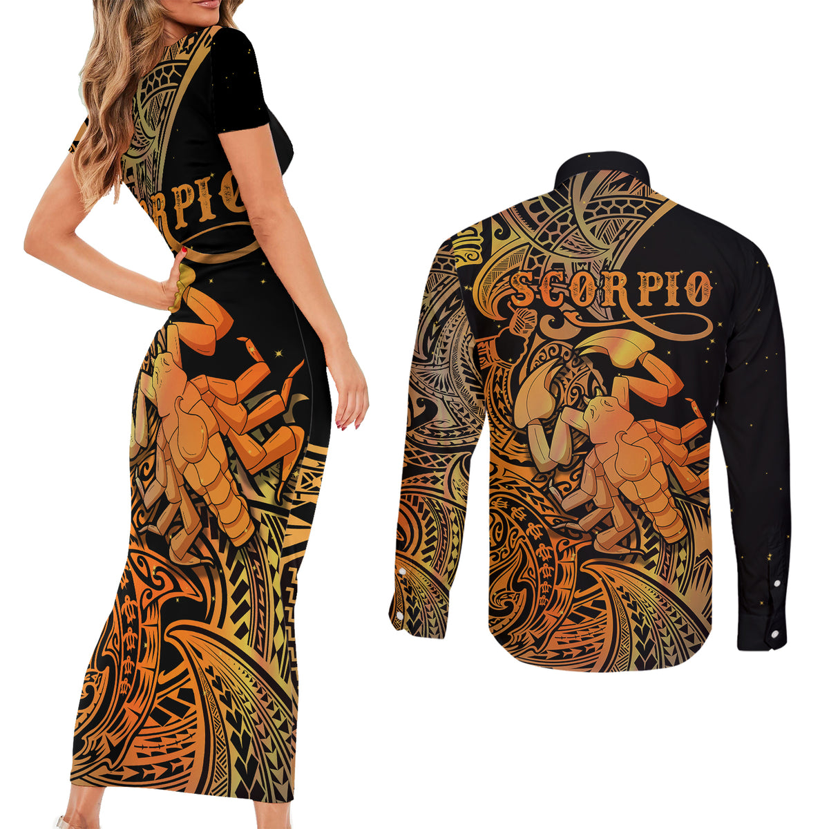 Zodiac Scorpio Couples Matching Short Sleeve Bodycon Dress and Long Sleeve Button Shirts Polynesian in Orange TS04 - Polynesian Pride