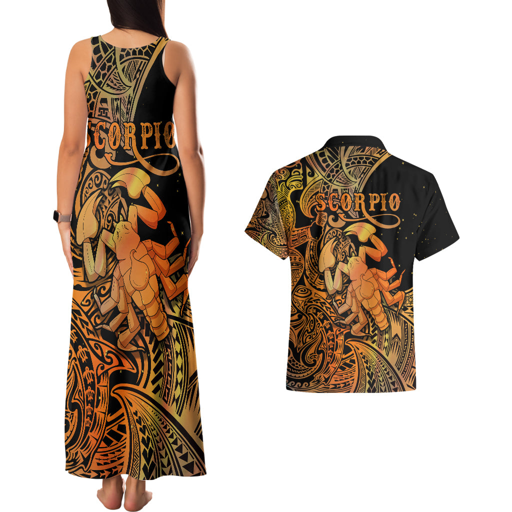 Zodiac Scorpio Couples Matching Tank Maxi Dress and Hawaiian Shirt Polynesian in Orange TS04 - Polynesian Pride
