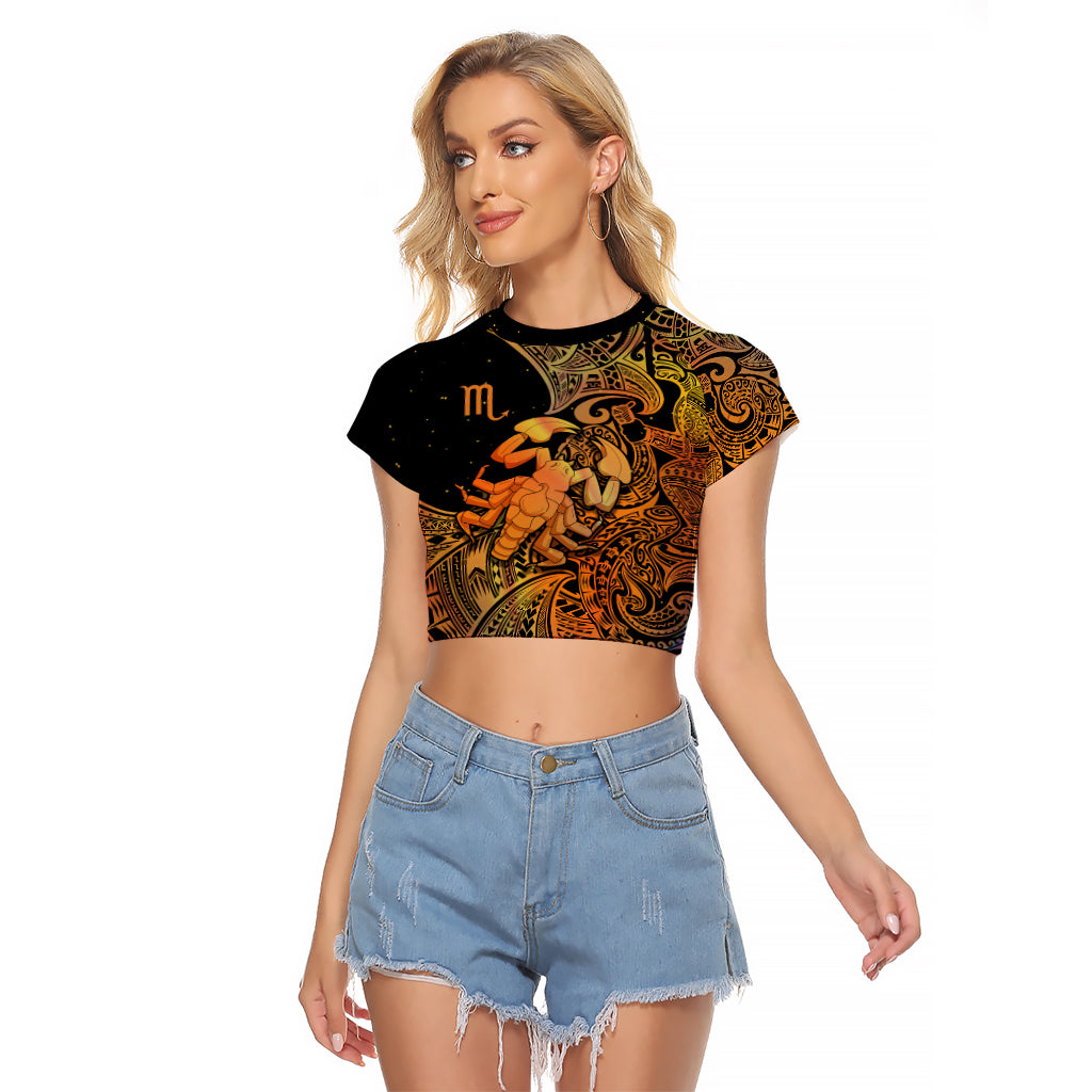 Zodiac Scorpio Raglan Cropped T Shirt Polynesian in Orange TS04 Female Orange - Polynesian Pride