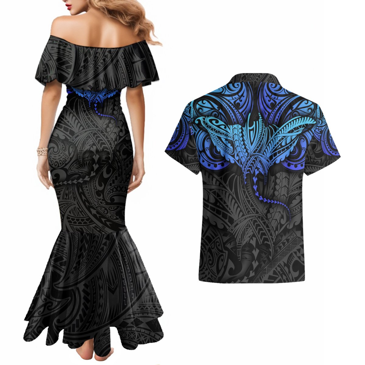 Polynesian Ray Pattern Couples Matching Mermaid Dress and Hawaiian Shirt TS04 - Polynesian Pride