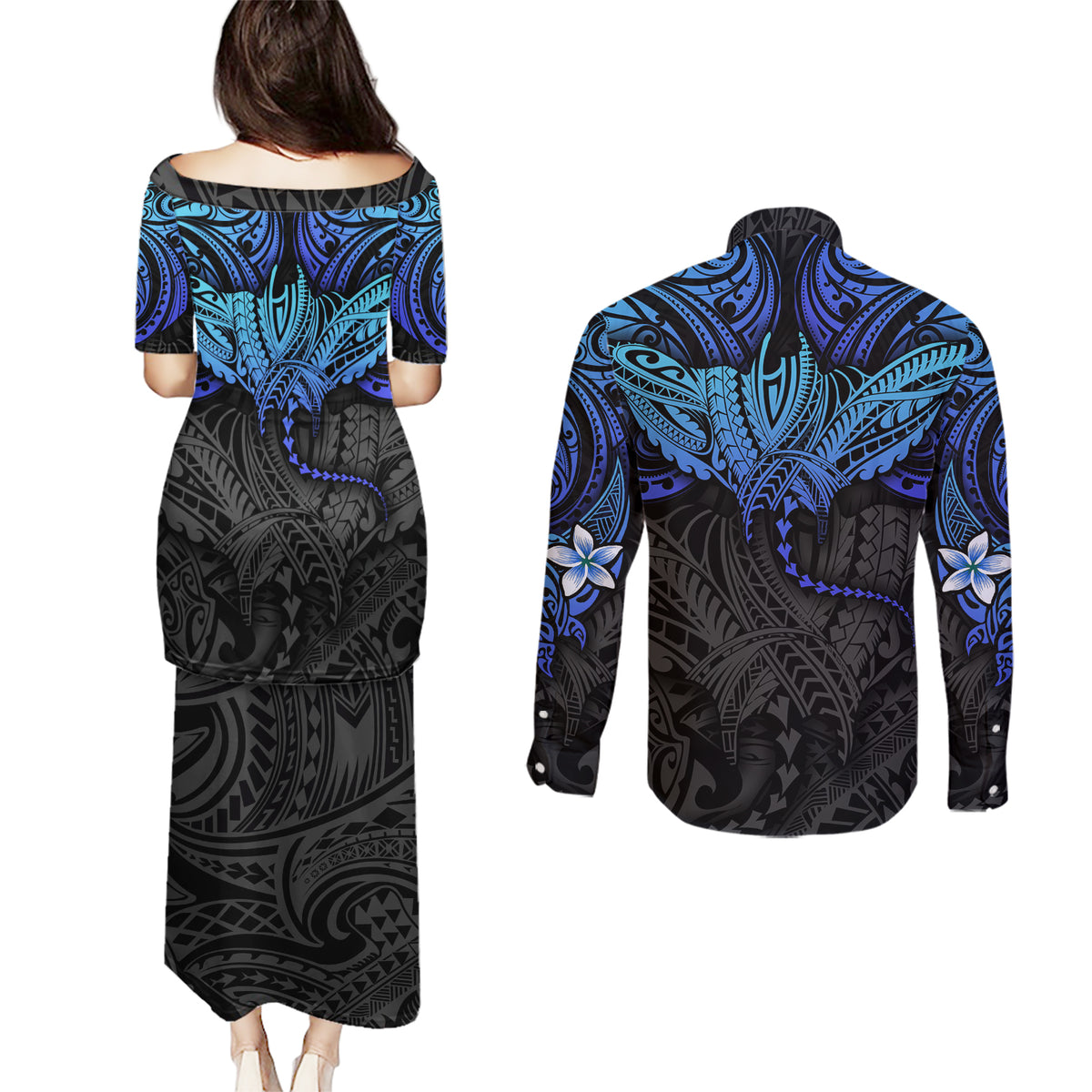 Polynesian Ray Pattern Couples Matching Puletasi Dress and Long Sleeve Button Shirt TS04 - Polynesian Pride